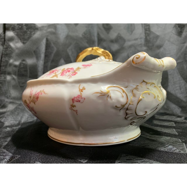 White Antique French Limoges Pink and Lavender Flowers Round Serving Dish With Lid by Elite Works For Sale - Image 8 of 13