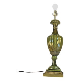 1960s Table Lamp, Porcelain Neoclassical Urn, Olive Green, Hollywood Regency, Gold Tone Finish For Sale