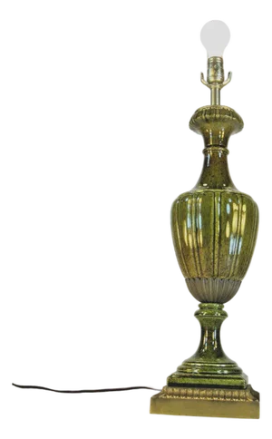 1960s Table Lamp, Porcelain Neoclassical Urn, Olive Green, Hollywood Regency, Gold Tone Finish