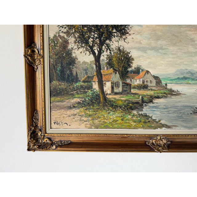 Wood Vintage P. Veen European Countryside River Landscape Oil on Canvas Painting For Sale - Image 7 of 12