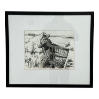 Drawing of European Laborer in Charcoal, Framed For Sale