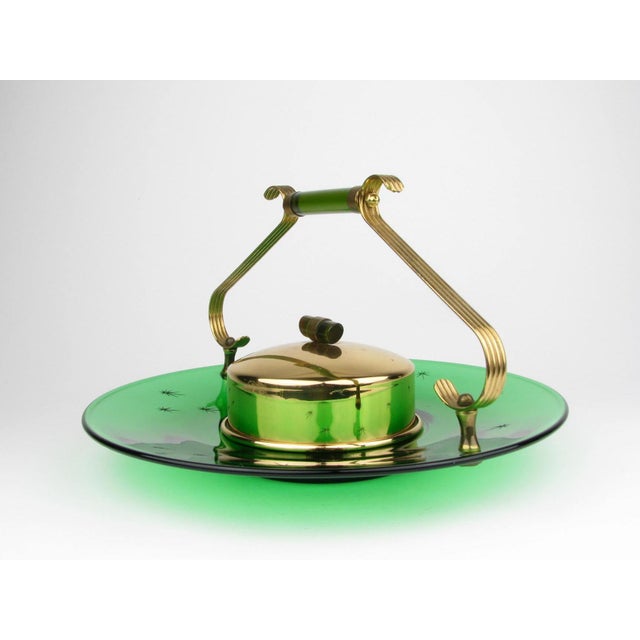 Mid-Century Modern Vintage 1940s Paden City Emerald Glo Green Glass and Brass Tray or Serving Platter by National Silver Company For Sale - Image 3 of 12