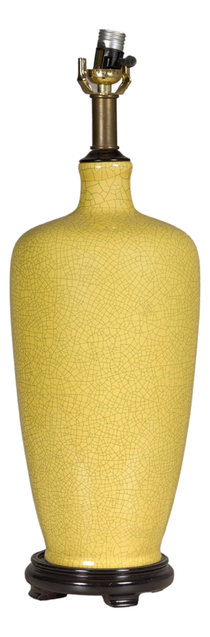 Late 20th Century Yellow Crackle Glazed Ceramic Vase Made into Table Lamp on Wooden Base