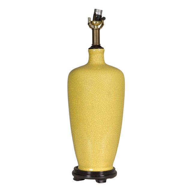 Yellow Crackle Glazed Ceramic Vase Made into Table Lamp on Wooden Base For Sale