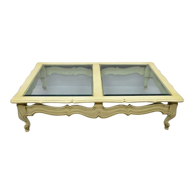 Vintage French Provincial Style Beveled Glass Cream Painted Large Coffee Table For Sale