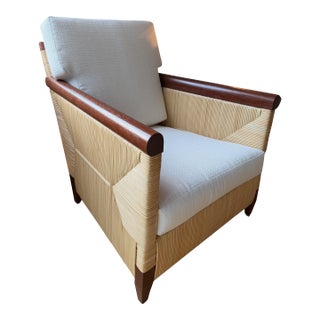 Lounge Chair in Rattan and Mahogany With Custom Ivory Performance Upholstery by Donghia For Sale