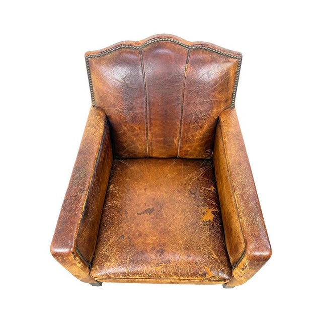 Antique French Moustache Cognac Leather Club Chair, 1920s For Sale - Image 10 of 13