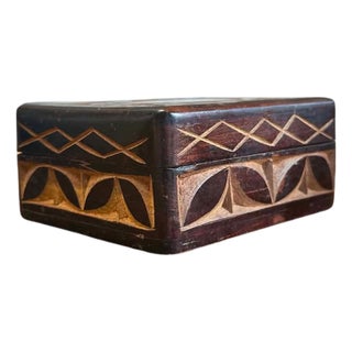 Vintage Hand-Carved Wooden Trinket Box With Geometric Folk Art Motifs For Sale