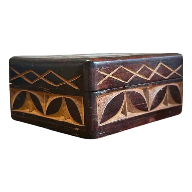 Vintage Hand-Carved Wooden Trinket Box With Geometric Folk Art Motifs For Sale