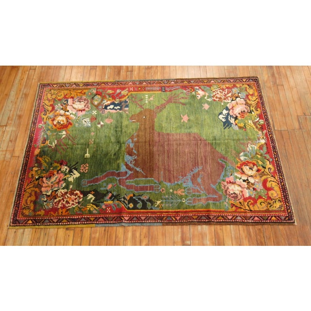 Traditional Early 20th Century Green Pictorial Deer Rug - 4'8" x 6'9" For Sale - Image 3 of 9