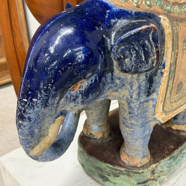 Blue Ceramic Elephant Pedestal Stand For Sale - Image 4 of 9