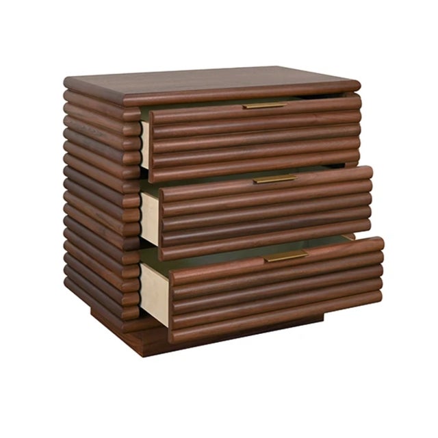 Contemporary Matthew Izzo Home Mateo Walnut Reed Three Drawer Side Table With Brass Drawer Pulls For Sale - Image 3 of 5