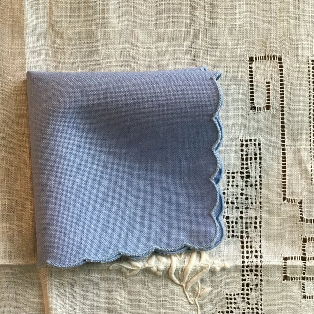 1980s Frette Cocktail Napkins Blue Linen Scalloped Set of 5 Made in Italy Circa 1980s For Sale - Image 5 of 7