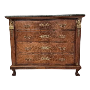 Antique Empire Style Burl Wood Chest of Drawers With Marble Top
