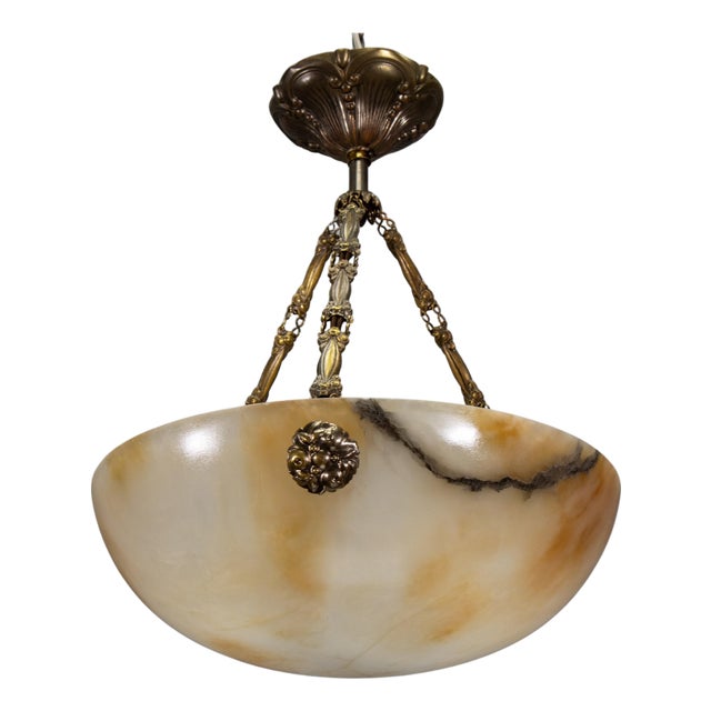 French Art Deco Cream Alabaster and Brass Pendant Light, 1920s For Sale