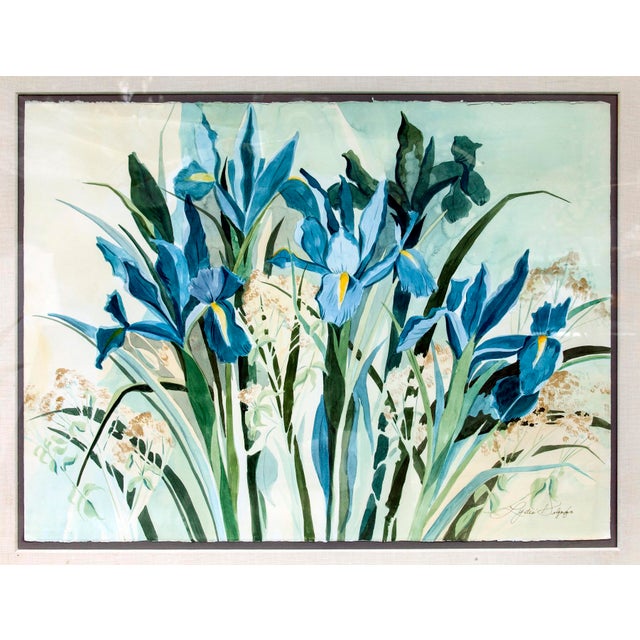 "Blue Irises" Framed Watercolors on paper by artist Lydia Delgado of Laguna Beach, Ca.