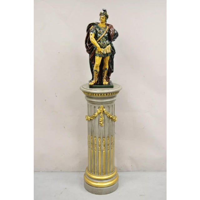 Vintage Majolica 27" Alexander the Great Greek Warrior Soldier Sculpture in Glazed Pottery with wonderful color and...