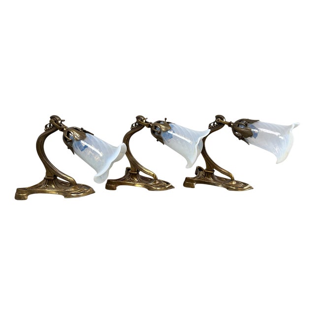 Art Nouveau Wall Lamps with Opal Iridescent Glass, 1960s, Set of 3 For Sale