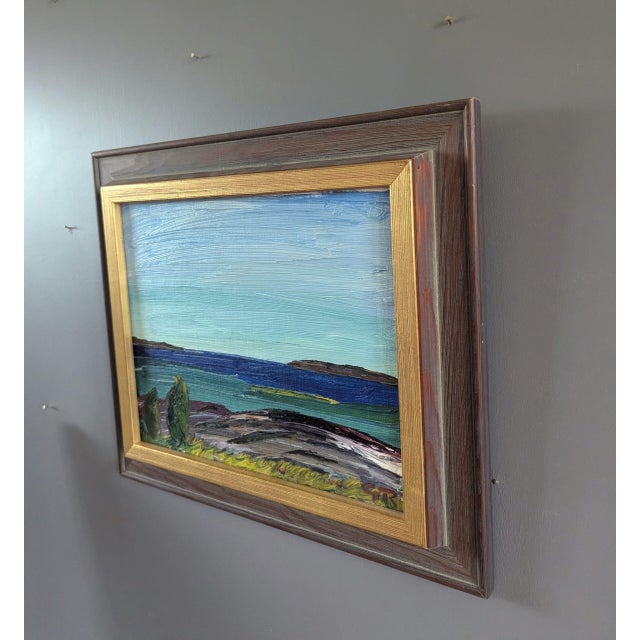 Mid 20th Century Mid-Century Modern 'Echoes of the Coast' Original Mini Abstract Coastal Landscape Oil Painting, Framed For Sale - Image 5 of 10