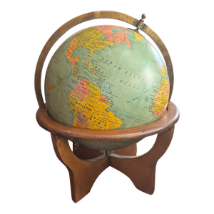 Mid Century Replogle Brand Globe in Teak Wood Stand Circa 1958-1961.