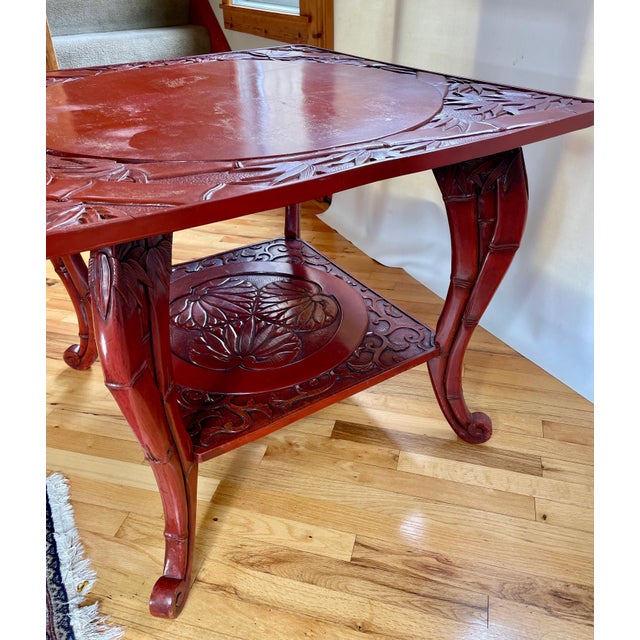 1900s Chinoiserie Style Lacquer Hand Carved Two Tier Table With Bamboo and Lotus Motifs in the Style of Liberty C1900 - For Sale - Image 4 of 11