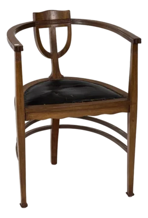 Vintage Regency Lyre Back Barrel Armchair W/ Black Leather Seat & Nailhead Trim