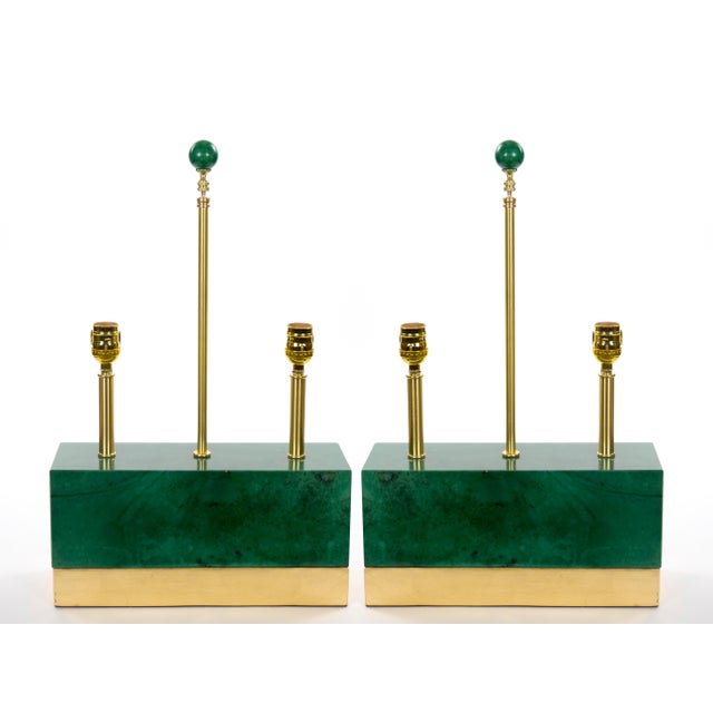 Mid-Century Modern Mid-Century Modern Italian Art Deco-Style Dark Green Jade and Brass Table Lamps For Sale - Image 3 of 11