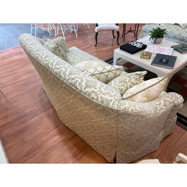 Kravet Pair of Kravet Traditional Skirted Sofas in Sage Green Damask For Sale - Image 4 of 6