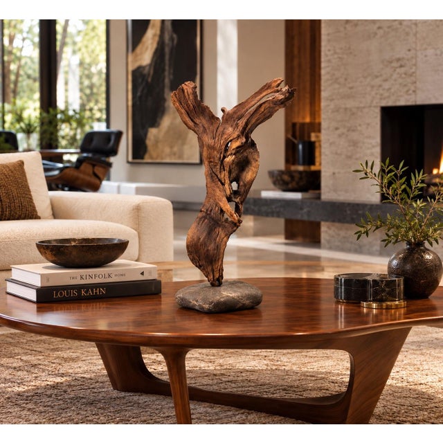 An abstract free-form sculpture crafted from natural weathered teak wood, showcasing organic shapes, hollow voids, and a...