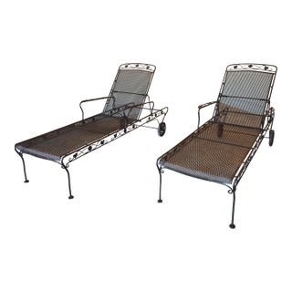 Vintage 1960s Woodard Wrought Iron Chaise Lounges, Pair, Floral Scrollwork, Adjustable, With Wheels, Attributed For Sale