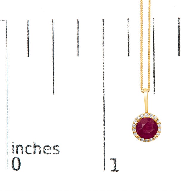 Early 21st Century 10K Yellow Gold Red Ruby and 1/10 Cttw Diamond Accent Halo Pendant Necklace For Sale - Image 5 of 5