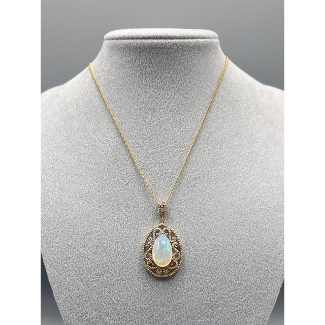 Hollywood Regency Vintage Art Deco Style Pear Opal and Diamond Teardrop Statement Pendant in Gilded 925 Silver, 1980s For Sale - Image 3 of 15