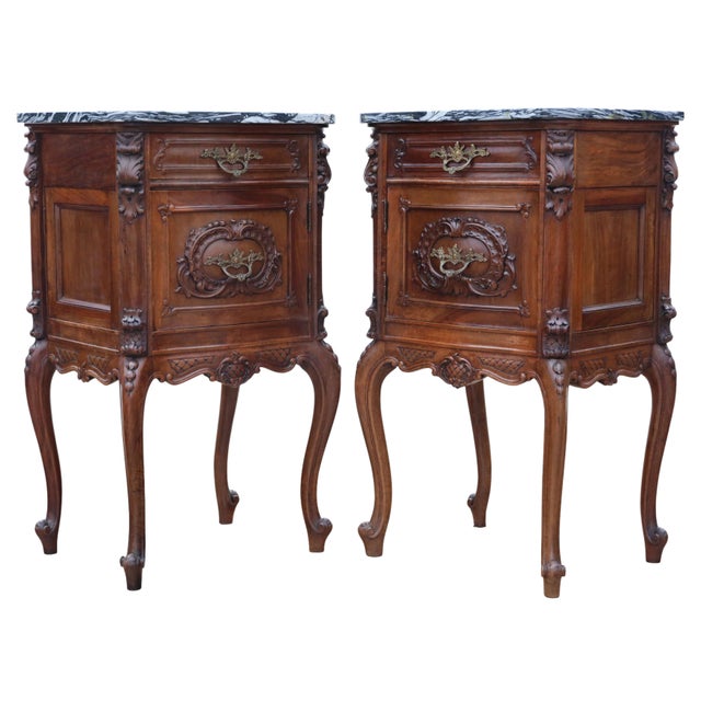 Antique Italian Walnut and Marble Bedside Tables, 1920s, Set of 2 For Sale - Image 4 of 10