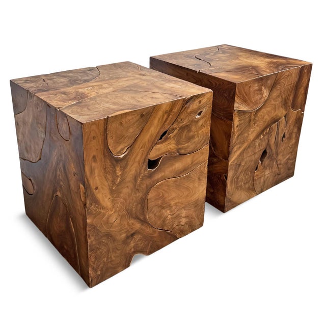 Tan Organic Modern Natural Teak Root Block Side Table For Sale - Image 8 of 9