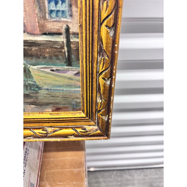 Oil Painting Depicts a Tranquil Harbor Scene With Fishing Boats Moored by a Pier and a Small Rowboat in the Calm Water. By J .Henry Hallbert For Sale - Image 10 of 12