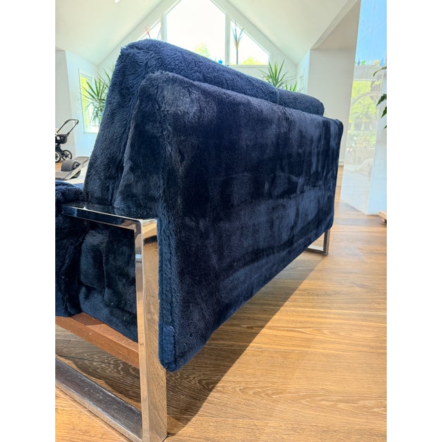 Vintage Chrome & Black Plush Upholstered Sofa and Loveseat Set in the Style of Milo Baughman & Adrian Pearsall For Sale - Image 10 of 13
