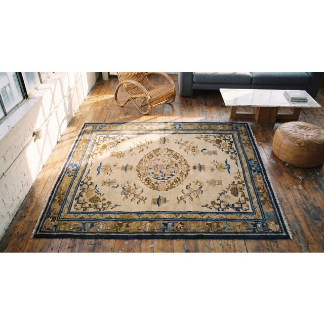 Textile 1870s Beige Medallion Floral Antique Chinese Ningxia Rug 5'0" X 8'0" Handknotted Wool Carpet For Sale - Image 7 of 9