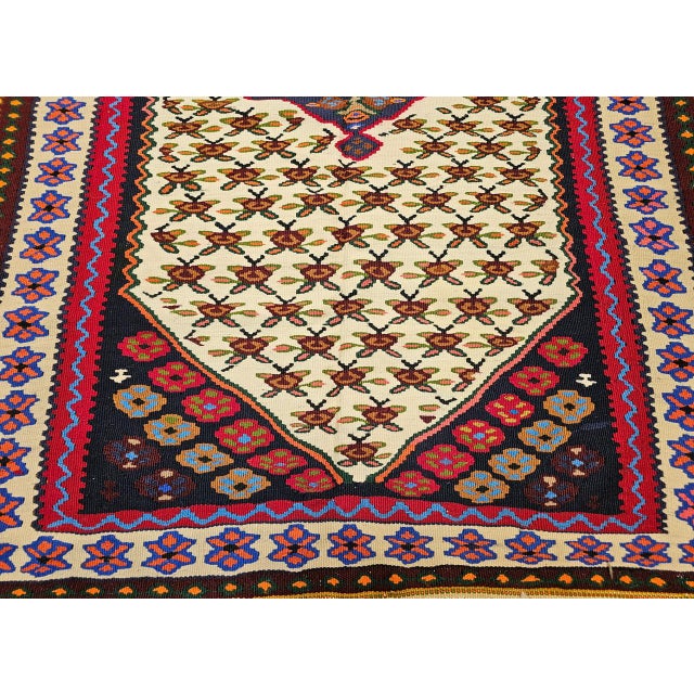 Vintage Persian Senneh Kilim Area Rug, Handwoven Wool, Floral Pattern, Ivory & Red, 3x5 For Sale - Image 10 of 15