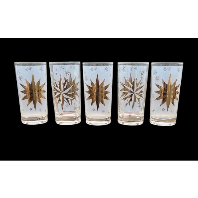 Metal 1970s Mid-Century Modern Federal Glass Atomic 22 Karat Gold North Star Mid-Century Highball Glasses Starburst Set of 5 Bartlett-Collins For Sale - Image 7 of 7