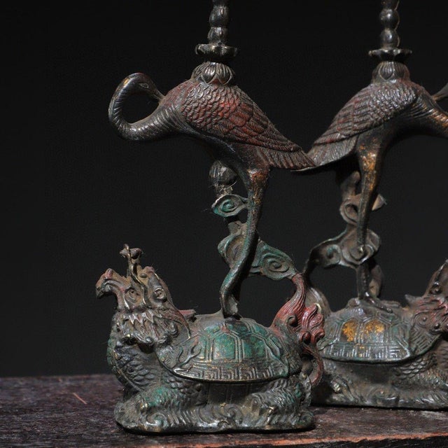 Metal Late 19th Century Pair of Gilt Bronze Crane & Turtle Candle Holders - "Turtle & Crane Longevity" For Sale - Image 7 of 9