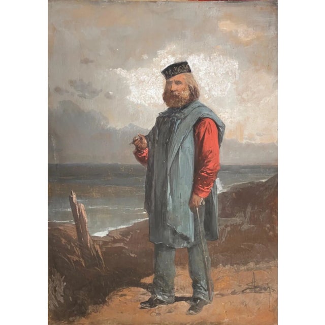 Portrait of Giuseppe Garibaldi in front of the Sea'' is an original mixed media (pencil, white lead) and gouache drawing...