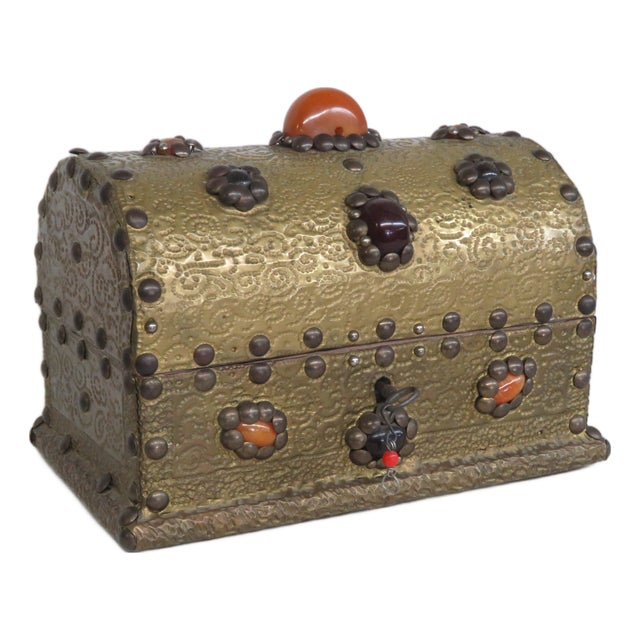 Brass Plated Box Domed Vanity Jewelry Decorative Vintage Chest With Key 4711b For Sale