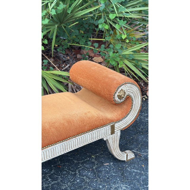 1900 - 1909 Vintage Neoclassical Orange Velvet Lion Head Banquette With Scrolled Silver-Leaf Arms For Sale - Image 5 of 5
