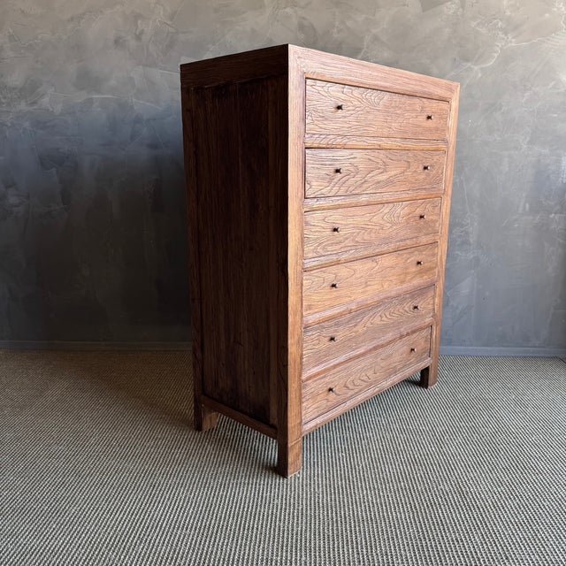 Mid-Century Modern Solid Elm Wood Tall Chest of Drawers in Walnut Finish For Sale - Image 3 of 7