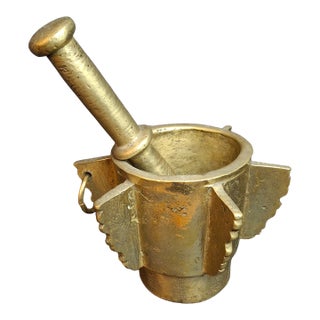 Museum Antique Heavy 18lb Bronze Mortar and Pestle Ribbed Fins Suspension Ring Judaica Sourced J Greenstein For Sale
