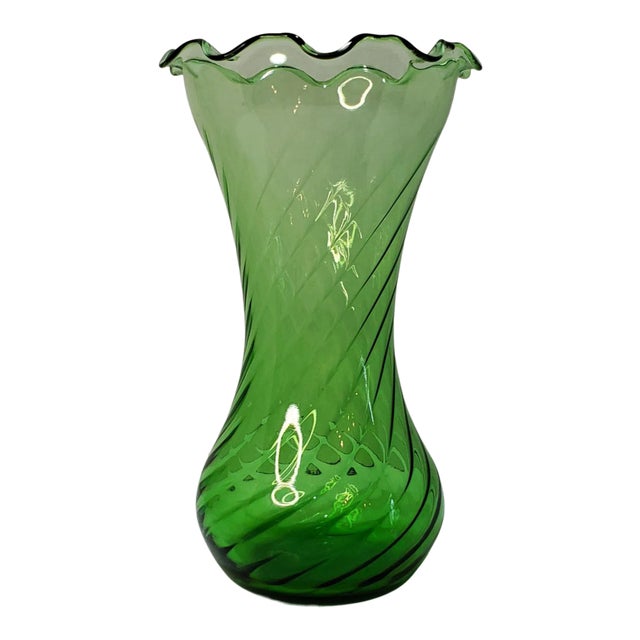 Mid Century Ruffle Edge Swirl Optic Green Glass Vase For Sale