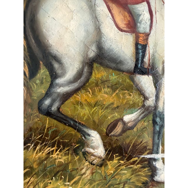 A striking vintage oil painting on wood panel depicting a traditional English fox hunting scene with mounted riders and a...