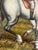 A striking vintage oil painting on wood panel depicting a traditional English fox hunting scene with mounted riders and a...