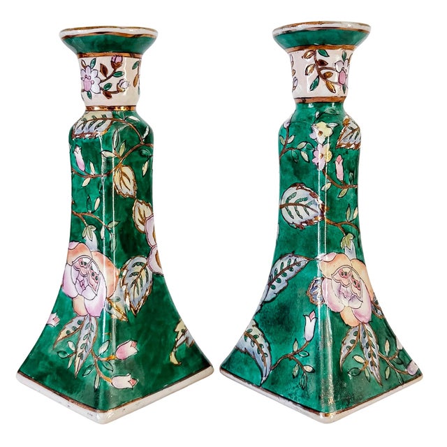 Late 20th Century Vintage Chinese Famille Verte Floral Porcelain Candlesticks - A Pair For Sale - Image 5 of 10