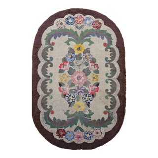 Vintage American Hand Hooked Rug, Wool & Cotton, Floral Pattern, Folk Art Tapestry, 3x5 For Sale